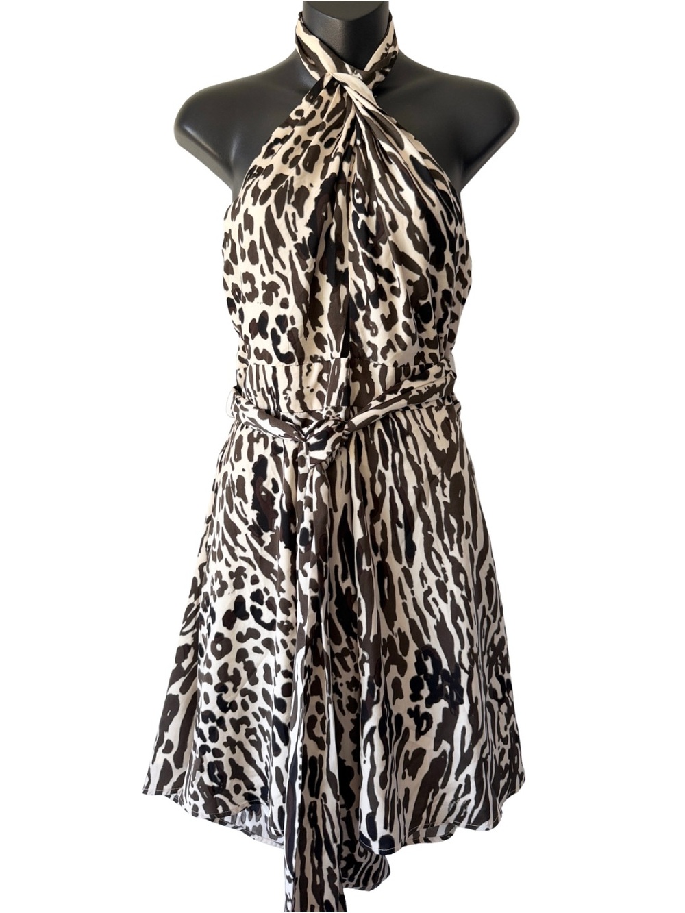 Banana Republic Cheetah Print Halter Dress Womens Size 14 Creme Brown Keyhole